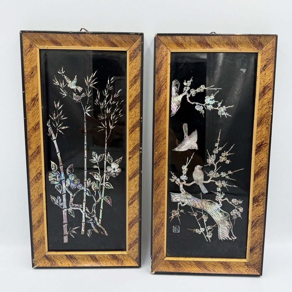 VTG Chinoiserie Framed Mother Of Pearl Pair Iridescent Black Lacquer Korea Art